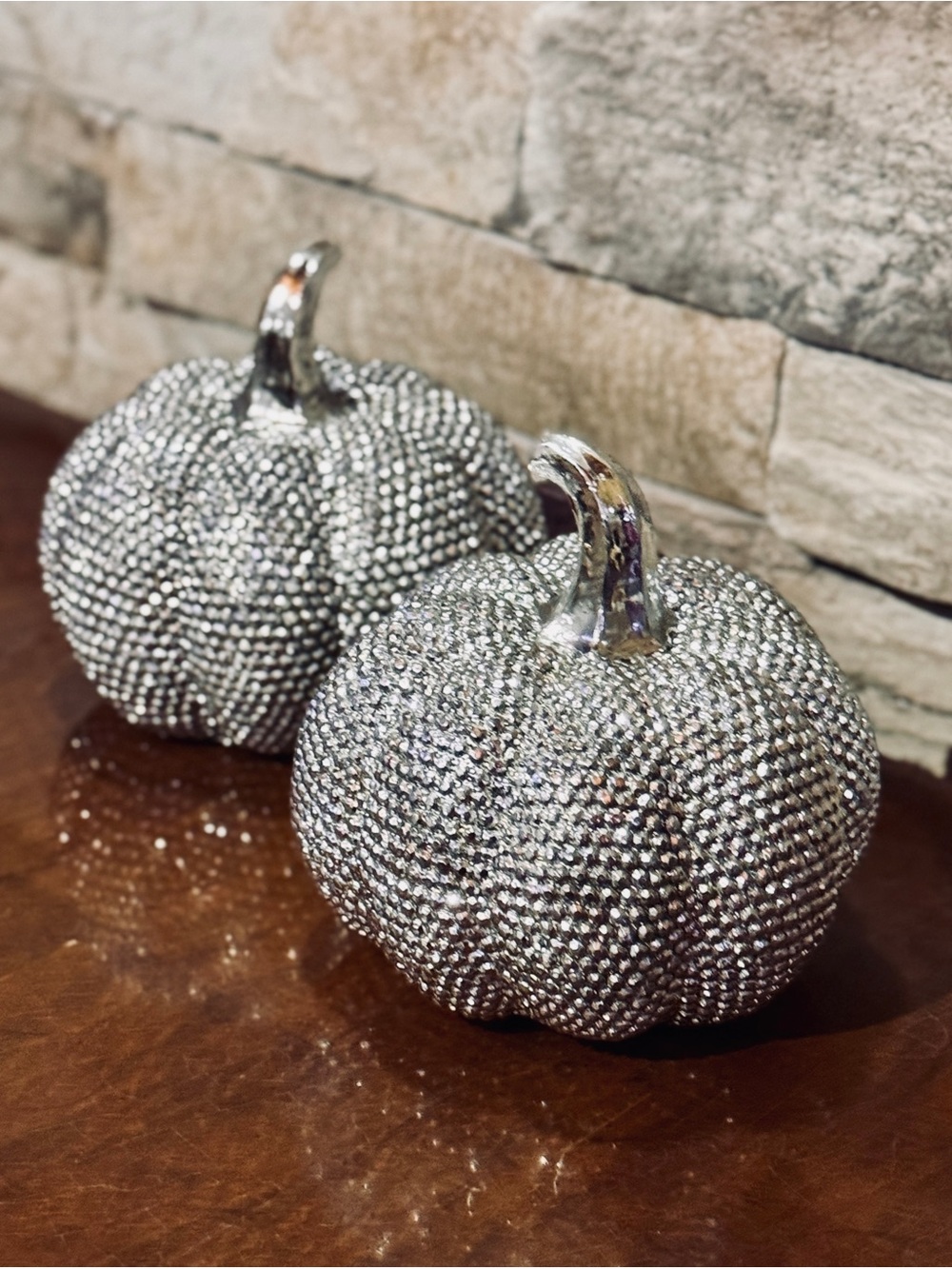 Pair of 6" Glam Silver Rhinestone Pumpkins Fall Halloween Decor